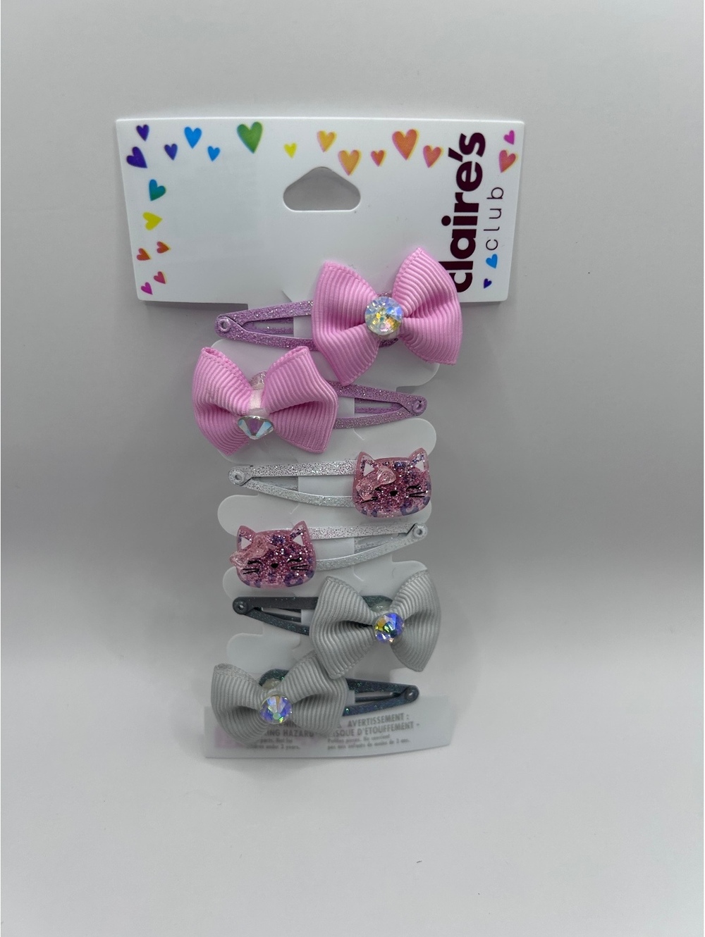 Claire's Club Girls' Decorative Hair Clip Set - Pink and Silver Bow and Cat Face
